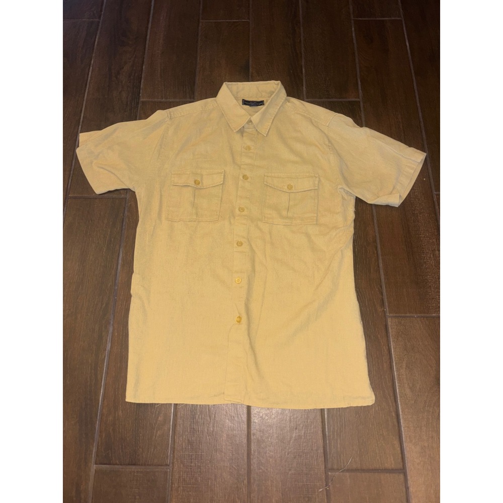 Sahara Club Button Down Shirt Large Tan Linen Blend Safari Utility Short Sleeve